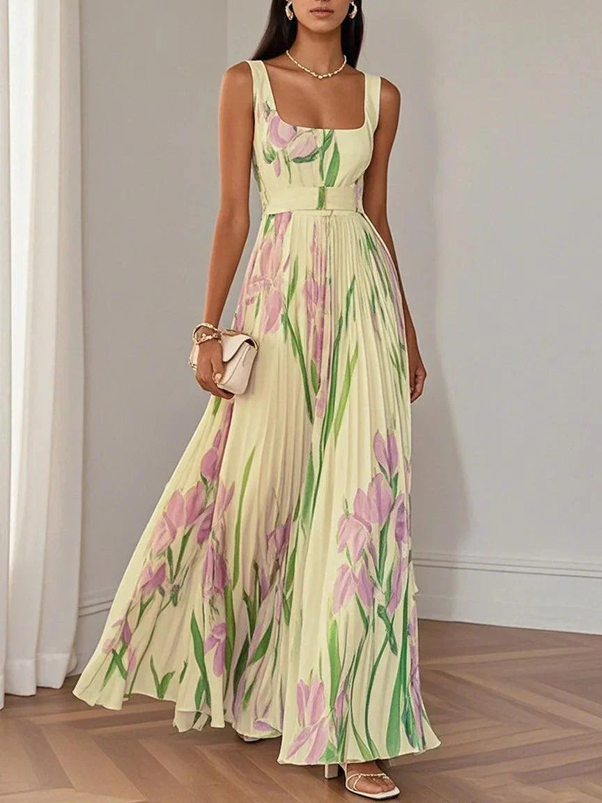 Clémentine - Robe longue plissée fleurie