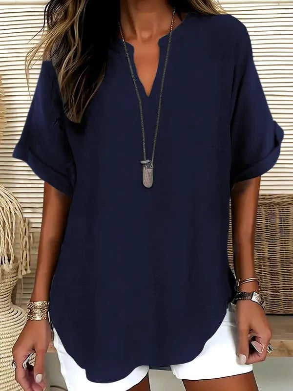 SEREIA™ - Blouse Décontractée Unie à Manches Courtes