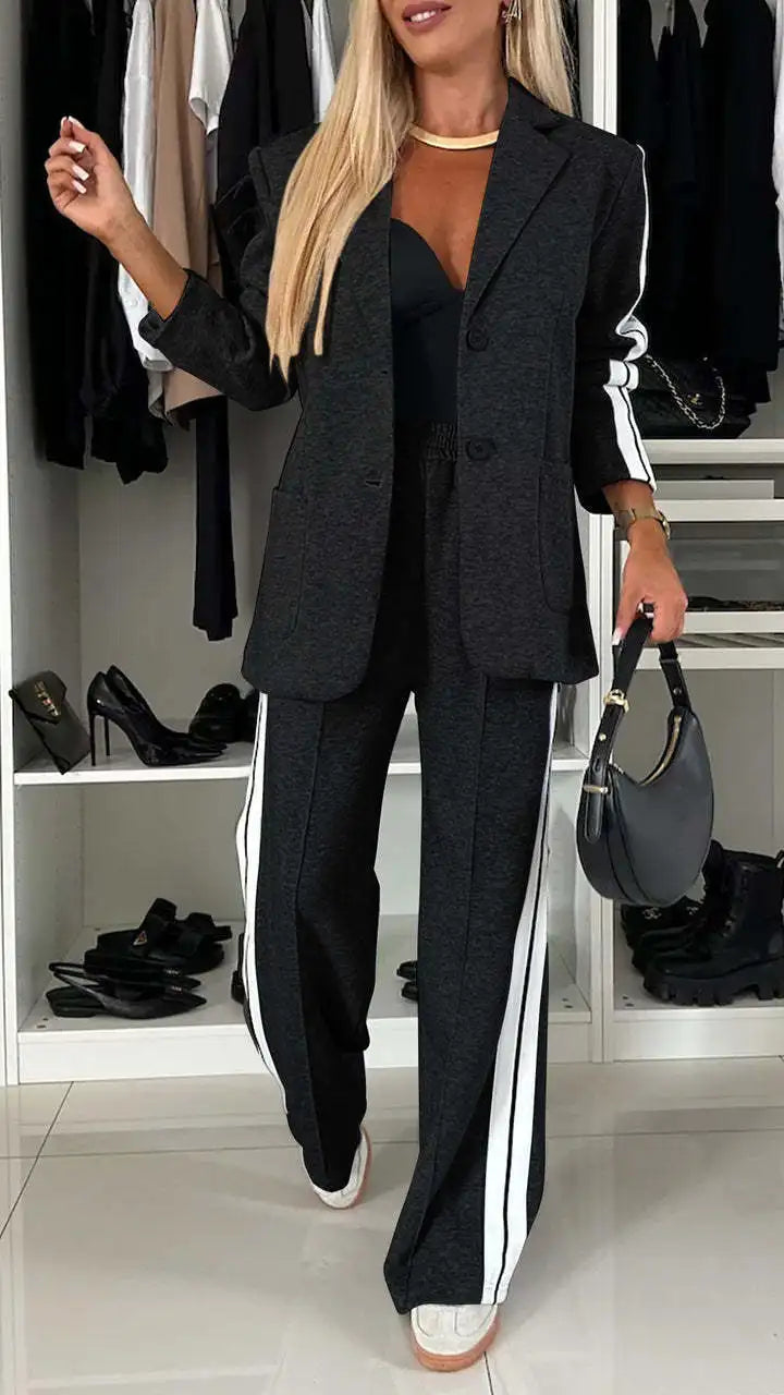 Casual Pants Sets Women Loose Laple Patchwork Long Sleeve Coats Straight Pants Female Suits 2024 Autumn Winter Lady Outerwears