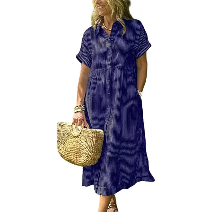 PETRA™ – Robe Chemise Midi à Rayures Confortable et Ample