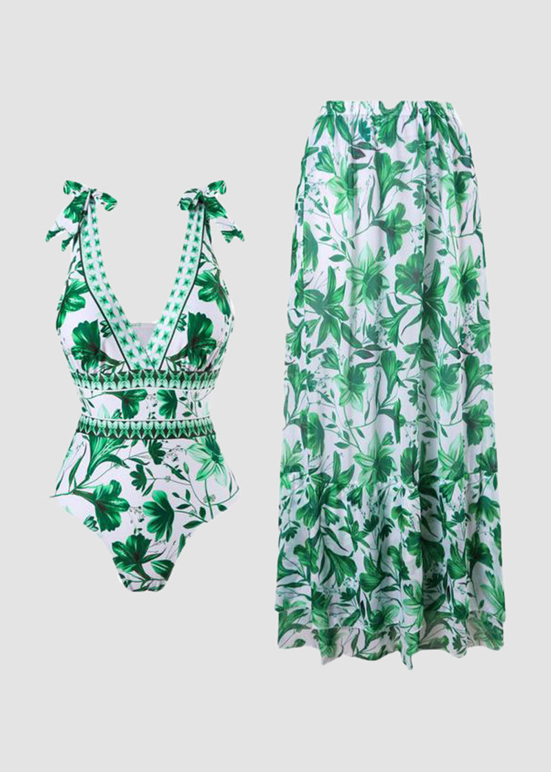 Marina | Maillot de bain floral deux pièces et jupe de couverture